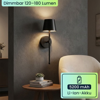 Preview: 4er-Set Elegante LED Wandleuchte kabellos mit Fernbedienung: Akku Wandlampe dimmbar in Schwarz, USB aufladbar mit Timer & Touch-Sensor