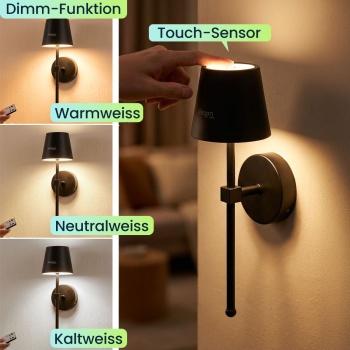 Preview: 4er-Set Elegante LED Wandleuchte kabellos mit Fernbedienung: Akku Wandlampe dimmbar in Schwarz, USB aufladbar mit Timer & Touch-Sensor