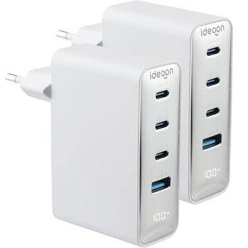 Preview: 2er-Set 100W GaN III USB-Ladegerät mit 4 Ports, 3x USB-C & 1x USB-A, Schnellladegerät mit LED-Display, PD, feuerfestes Gehäuse, für Laptop und Handy