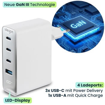 Preview: 2er-Set 100W GaN III USB-Ladegerät mit 4 Ports, 3x USB-C & 1x USB-A, Schnellladegerät mit LED-Display, PD, feuerfestes Gehäuse, für Laptop und Handy