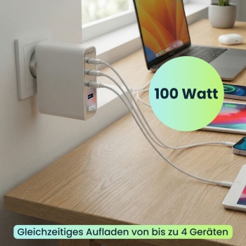 Preview: 2er-Set 100W GaN III USB-Ladegerät mit 4 Ports, 3x USB-C & 1x USB-A, Schnellladegerät mit LED-Display, PD, feuerfestes Gehäuse, für Laptop und Handy