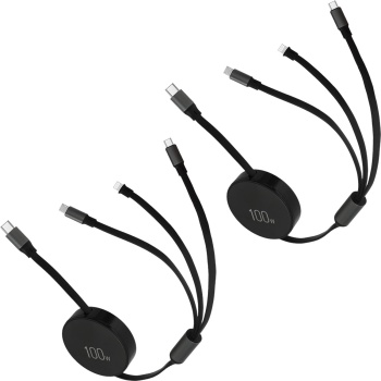 Preview: 2er-Set 3in1 Roll-Ladekabel: 100W Power für Android & iPhone. 1m ausziehbar, extrem robust & ohne Kabelsalat - USB-C Lightning Micro Schnellladekabel