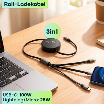 Preview: 2er-Set 3in1 Roll-Ladekabel: 100W Power für Android & iPhone. 1m ausziehbar, extrem robust & ohne Kabelsalat - USB-C Lightning Micro Schnellladekabel