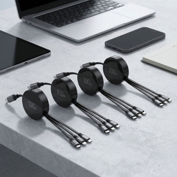 4er-Set 3in1 Roll-Ladekabel: 100W Power für Android & iPhone. 1m ausziehbar, extrem robust & ohne Kabelsalat - USB-C Lightning Micro Schnellladekabel