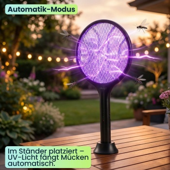 Preview: 2er-Set Elektrische Fliegenklatsche mit Akku & UV-Licht - Mückenfänger für optionalen stationären Betrieb, mit Schutzgitter & USB-C Anschluss