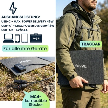 Preview: Faltbares Solarpanel 60W Monokristallin - Tragbares Solarladegerät IP65 mit MC4-komp. Stecker, DC Adapter, Ösen & Karabinern für Camping