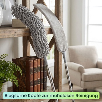 Preview: Profi 5in1 Staubwedel Set mit Teleskopstange 210cm ausziehbar, biegsame Mikrofaser Staubwischer für Deckenventilatoren, Möbel & hohe Ecken