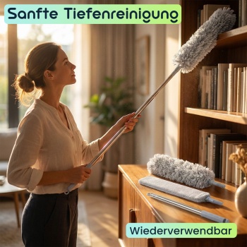 Preview: Profi 5in1 Staubwedel Set mit Teleskopstange 210cm ausziehbar, biegsame Mikrofaser Staubwischer für Deckenventilatoren, Möbel & hohe Ecken