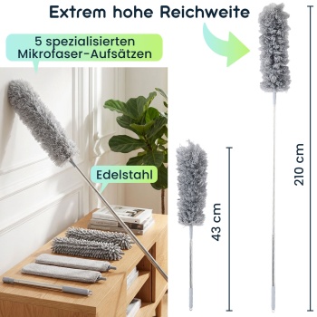 Preview: Profi 5in1 Staubwedel Set mit Teleskopstange 210cm ausziehbar, biegsame Mikrofaser Staubwischer für Deckenventilatoren, Möbel & hohe Ecken