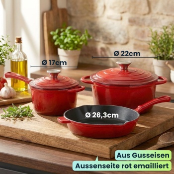 Preview: Profi Gusseisen Topfset 3-teilig, Set aus Pfanne, Kochtopf und Stielkasserolle, Emailliertes Kochgeschirr für alle Herdarten, Induktion & Backofen