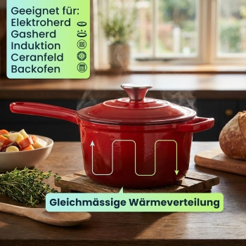 Preview: Gusseisen Stielkasserolle mit Deckel Rot, Ø 17cm, 1,6 Liter Volumen, hochwertiger Saucentopf für alle Herdarten & Induktion, 17x10 cm, 2,65kg