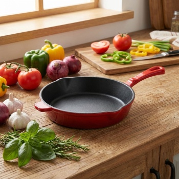 Gusseisen Pfanne Rot Ø 26,3 cm mit Ausgiesser, hochwertige Bratpfanne aus Guss für Induktion, Grillpfanne emailliert für Fleisch und Gemüse, 26 cm