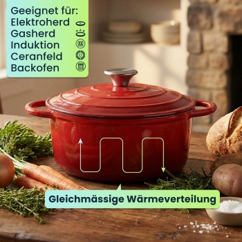 Preview: Gusseisen Topf mit Deckel 22cm Rund, Emaillierter Schmortopf 2,2L Rot, Bräter für alle Herdarten wie Induktion, Backofenfestes Kochgeschirr Profi