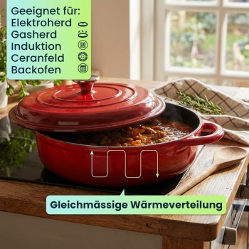 Preview: Gusseisen Topf mit Deckel 28cm Rund, Emaillierter Schmortopf 3,24L Rot, Bräter für alle Herdarten wie Induktion, Backofenfestes Kochgeschirr Profi