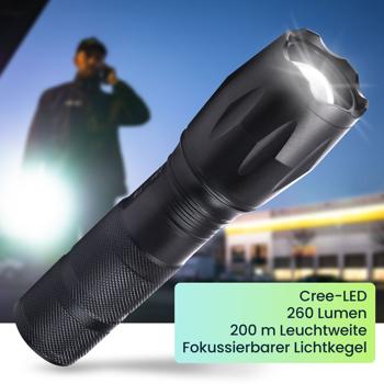Preview: 2er-Set Wiederaufladbare Cree LED-Taschenlampe 260 lm mit Powerbank 1200mAh, 10 Watt, Lichtkegel mit Zoom, Blinklicht Modus für Notfälle