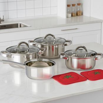 Profi Edelstahl-Topfset 7-teilig mit Glasdeckel - Hochwertiges Kochtopf-Set für Induktion & Herd - Glanz-Finish & runde Griffe