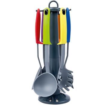 Preview: Praktisches Küchenhelfer Set 7-teilig: 6 Küchenwerkzeuge mit stabilem Drehständer, Spülmaschinenfestes Küchenutensil-Set, ergonomische Griffe für Kochen 