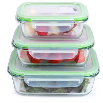 Preview: 3er-Set Borosilikatglas-Frischhaltedosen 370/640/1050 ml mit Dampfauslass – Auslaufsicher, Luftdicht, Backofen- & Mikrowellenfest, Spülmaschinenfest