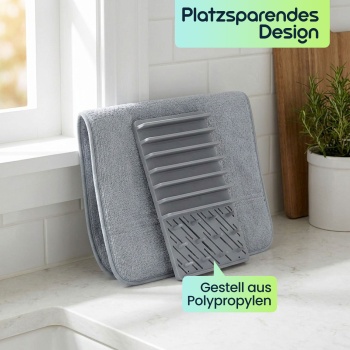 Preview: Praktisches Abtropfgestell & Saugstarke Mikrofaser-Abtropfmatte, hellgrau – Platzsparendes Abtropftuch Set für schnelles Trocknen von Geschirr