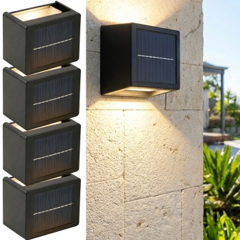 4er Set LED Solar Wandleuchte für Aussen: Warmweiss/Kaltweiss Garten-Lampe mit Akku & Sensor, IP44 Wasserfest, Deko Strahler für Zaun & Wand