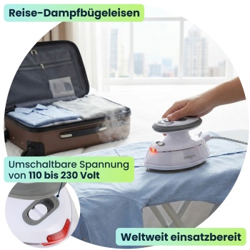 Preview: Leichtes Reise-Dampfbügeleisen: Mini-Bügeleisen mit 110/230V umschaltbar, 3 Stufen, Antihaft-Sohle & Tasche, ideal für Urlaub & Dienstreise