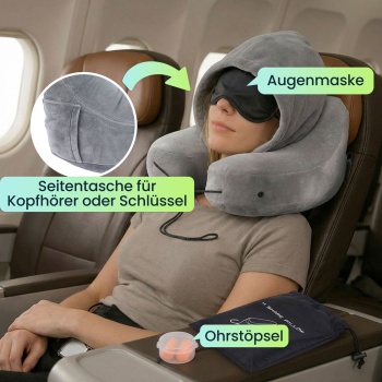 Preview: Bequemes H-Form Reisekissen aufblasbar mit Kapuze, Nackenhörnchen-Set inkl. Augenmaske & Ohrstöpsel, ideal für Flugzeug & Auto, Grau, 35x32cm
