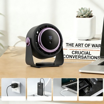Preview: Akku Ventilator mit Digitalanzeige: Tischventilator, 5 Stufen, USB-C, tragbares Gebläse mit Haken - ideal für Home Office, Büro, Camping & Reisen