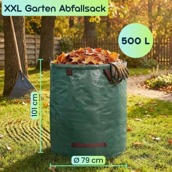 Preview: XXL Garten Abfallsack, 500 Liter, Ø 79 x 101 cm - stabile Grünschnittsäcke mit Doppelboden, faltbar, ideal für Grünschnitt, 150gsm Polypropylen