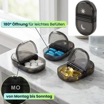Preview: Medikamentenbox 7 Tage - Pillendose 7 Tage 2 Fächer Morgens Abends - Tablettenbox für eine Woche - Wochendosierer Medikamente - LFGB geprüft - Kompakt