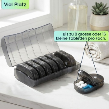Preview: Medikamentenbox 7 Tage - Pillendose 7 Tage 2 Fächer Morgens Abends - Tablettenbox für eine Woche - Wochendosierer Medikamente - LFGB geprüft - Kompakt