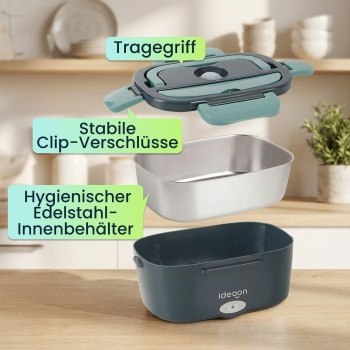 Preview: Elektrische Lunchbox 60W – 1,5L Edelstahl Speisenwärmer (12V/24V) & Steckdose – Inkl. Isoliertasche, Edelstahl-Besteck & 375ml Zusatzdose