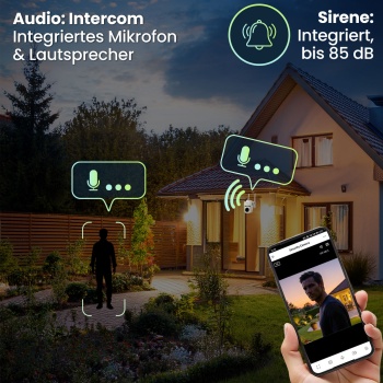 Preview: Outdoor Überwachungskamera 2K WLAN IP65 Wetterfest: 355 Grad Aussen-Kamera mit Personenerkennung, App, Nachtsicht & Intercom-System