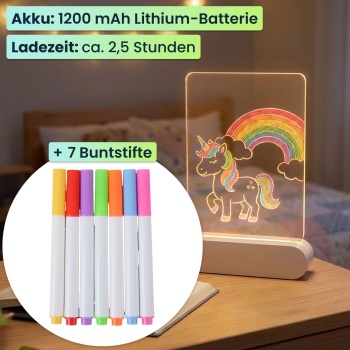 Preview: 2er-Set Kreative LED Acryl Maltafel für Kinder: Kabellose DIY Lampe mit Akku & 7 Buntstifte – Das perfekte Leucht-Geschenk für kleine Künstler 22x15cm