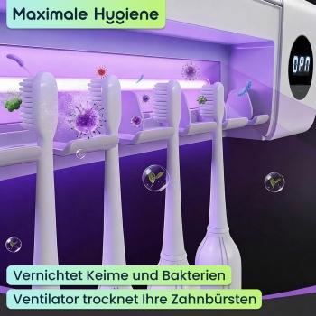 Preview: 2er-Set UV Zahnbürstenhalter: Hygienischer Sterilisator für 4 Bürsten, Wandmontage ohne Bohren, USB-Akku, LCD & Trocknung, weiss, 22cm