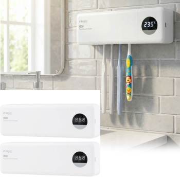 2er-Set UV Zahnbürstenhalter: Hygienischer Sterilisator für 4 Bürsten, Wandmontage ohne Bohren, USB-Akku, LCD & Trocknung, weiss, 22cm