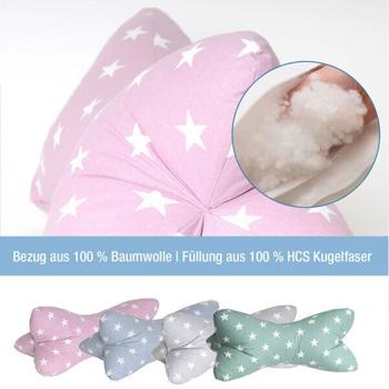 Preview: Bequemes Kissen Leseknochen mit Sternen 40x18cm, Grau – Nackenkissen & ergonomisches Reisekissen für Auto, Zug, Flugzeug, Haus – 100% Baumwolle