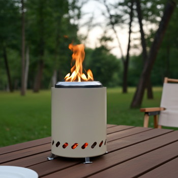 Preview: 2er-Set Kompaktes Tischfeuer Edelstahl, Beige - raucharm, Holzpellets/Feuerholz; Tischkamin fürs Balkon, Terrasse & Camping inkl. Tragetasche