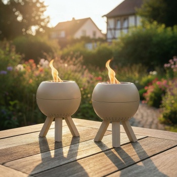 2er-Set Mini Tischfeuer Outdoor, rauchfrei – Kompakte Feuerstelle aus Metall, Beige – Die perfekte mobile Feuerschale für Balkon, Terrasse, Garten