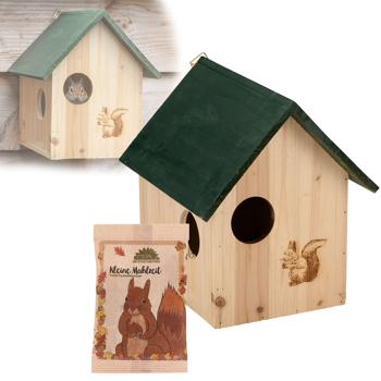 2er-Set Eichhörnchenhaus aus Holz mit 3 Fluchtlöchern & Eichhörnchenfutter "Kleine Mahlzeit" - Haselnüsse, Walnüsse, Hagebutten, Rosinen, Zedernüsse, 25g