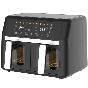 Preview: Doppelkorb Heissluftfritteuse 9L Dual Zone Air Fryer – 2x 4,5L Körbe mit Sichtfenster 2400W – LED Touch Display – XXL Heissluft Fritteuse Doppelkammer