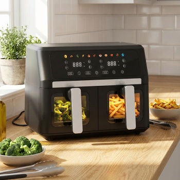 Preview: Doppelkorb Heissluftfritteuse 9L Dual Zone Air Fryer – 2x 4,5L Körbe mit Sichtfenster 2400W – LED Touch Display – XXL Heissluft Fritteuse Doppelkammer