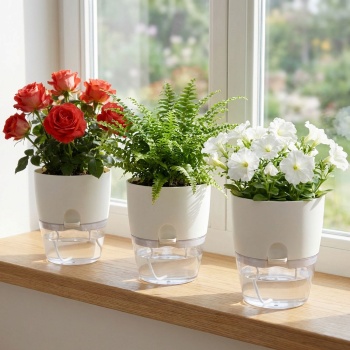 3er-Set Blumentopf selbstbewässernd 18.5cm aus Kunststoff: modernes Pflanzgefäss mit Bewässerungssystem - Wasserspeicher & Docht für Zimmerpflanzen