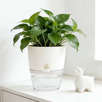 Preview: 3er-Set Blumentopf selbstbewässernd 18.5cm aus Kunststoff: modernes Pflanzgefäss mit Bewässerungssystem - Wasserspeicher & Docht für Zimmerpflanzen