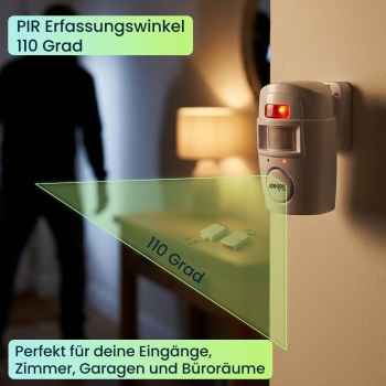 Preview: Zuverlässige PIR Alarmanlage mit 2 Fernbedienungen – Lauter 105 dB Hausalarm & Einbruchschutz für Garage, Büro & Zimmer - Einfache Montage