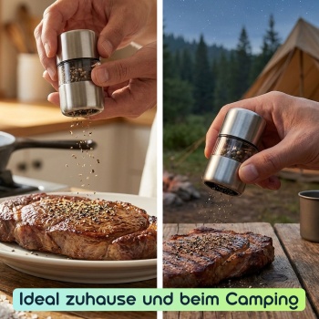 Preview: Mini Salz- Pfeffermühle Set aus Edelstahl mit Keramikmahlwerk - Gewürzmühle für Salz Pfeffer Kräuter - Acrylglas Sichtfenster - Silber