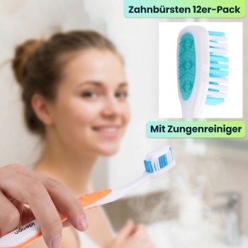 Preview: Zahnbürsten 12er-Pack mit Zungenreiniger – Hart Handzahnbürsten Set in 4 Farben für die Familie – Rutschfester Griff für optimale Pflege