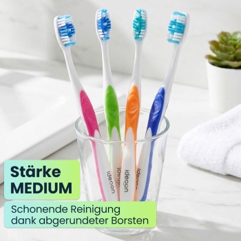 Preview: Zahnbürsten 12er-Pack mit Zungenreiniger – Medium Handzahnbürsten Set in 4 Farben für die Familie – Rutschfester Griff für optimale Pflege
