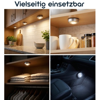 Preview: Helle LED-Unterbauleuchten 3er-Set mit Touch-Control, batteriebetriebene Schrankleuchten, selbstklebend - kabellose Push-Lights für Schränke