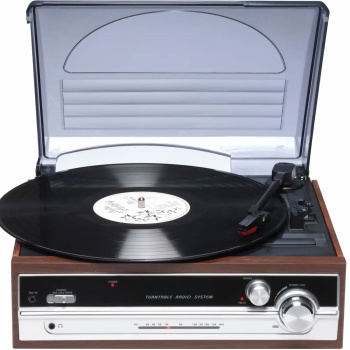 Retro Plattenspieler in Holz-Optik mit FM-Radio & eingebauten Lautsprechern - Vintage Schallplattenspieler & edles Musik-System für erstklassigen Sound