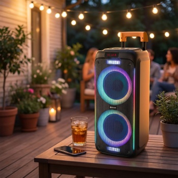 Mobiler Bluetooth Party Lautsprecher 600W: Trolley Lautsprecher mit 6 LED Lichteffekten, TWS, 2x8" Tieftöner & Mikrofon– Leistungsstarke Akku Musikbox